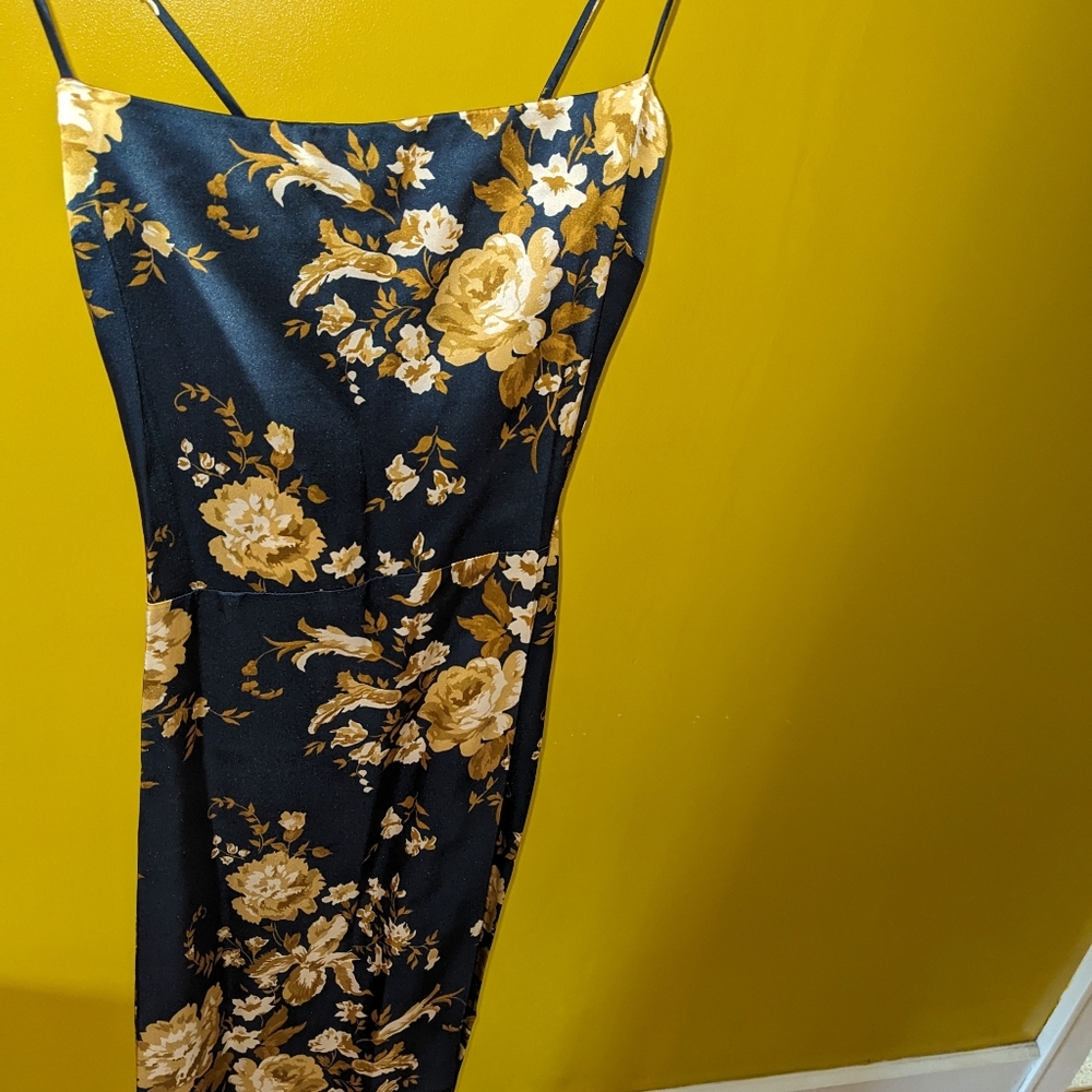 Reformation Black Midi Slip Dress with Gold Floral Print